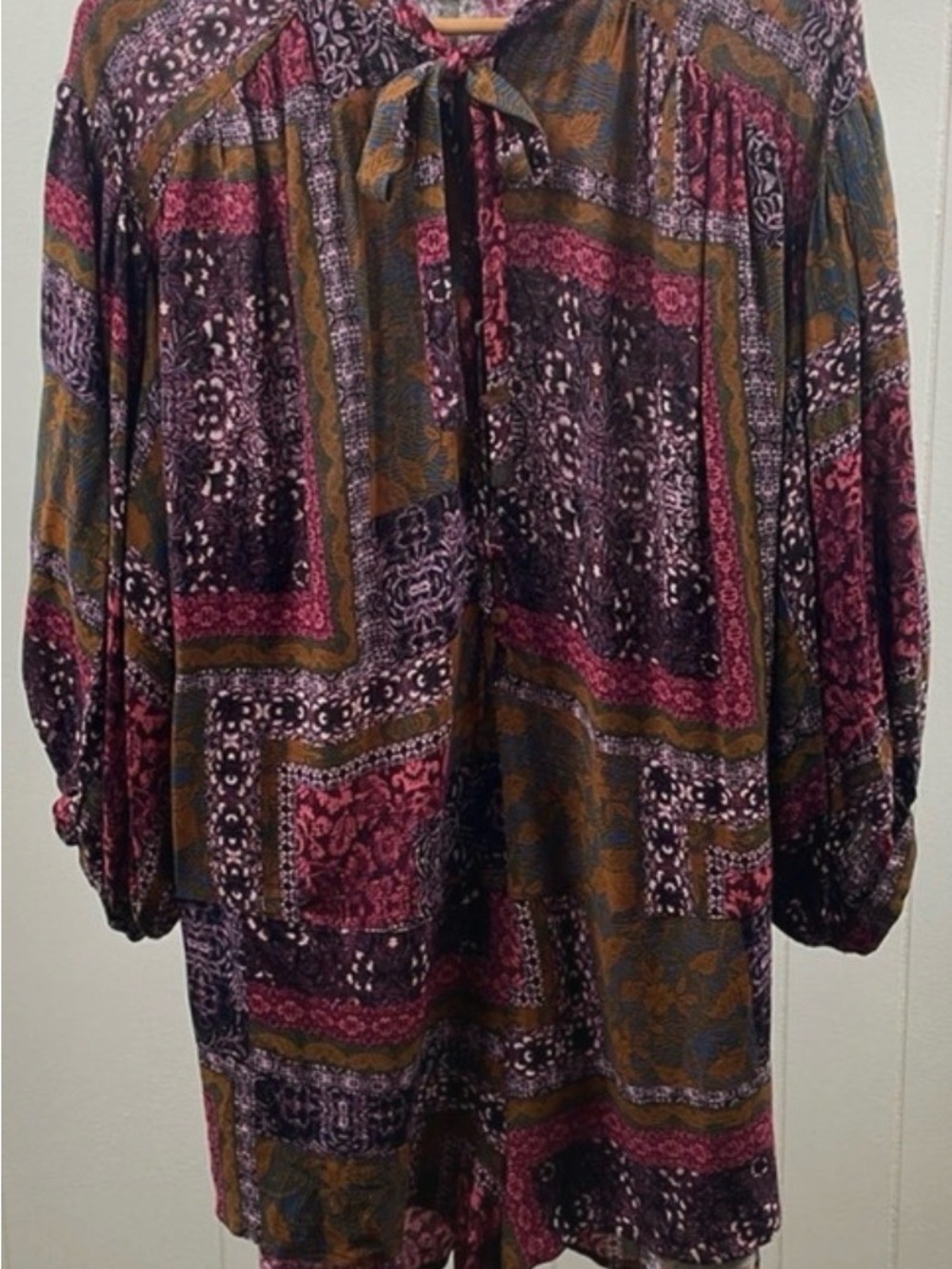 Vici Patchwork Print Tie-Neck Tunic romper in Plum, Olive, and Burgundy